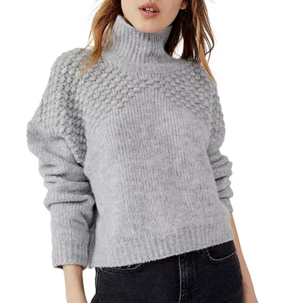 Free People Light Gray Textured Turtleneck Sweater